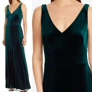 NWT Ralph Lauren Velvet Evening Gown Maxi Dress Vneck Sleeveless - Green Stretch